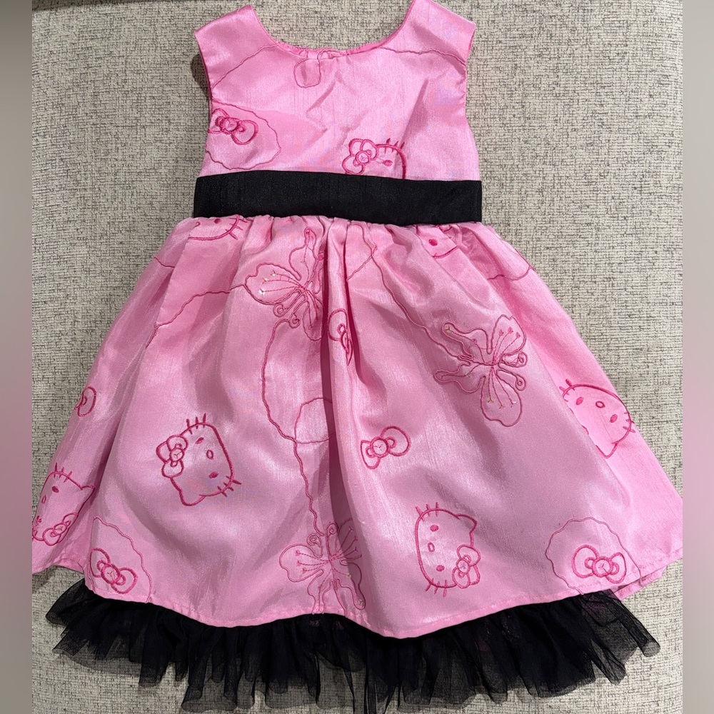 Hello Kitty Girls Pink Fit & Flare Dress Black Bow Tulle Cartoon Size 4
